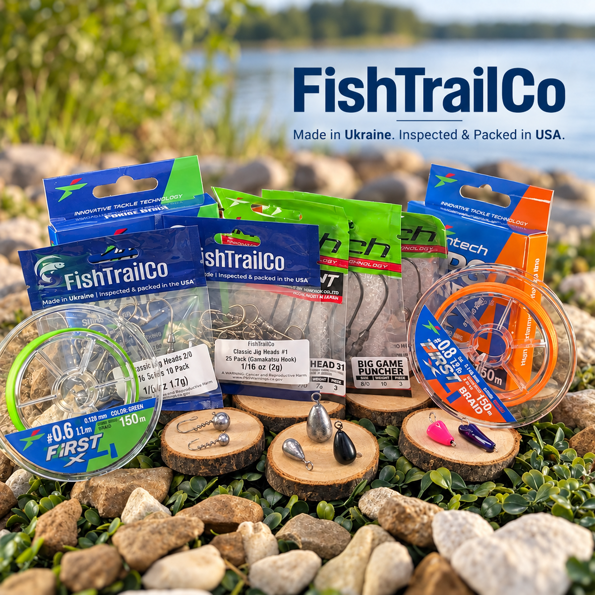FishTrailCo and Intech fishing tackle with braided line, hooks, jig heads, and sinkers displayed by a lake.