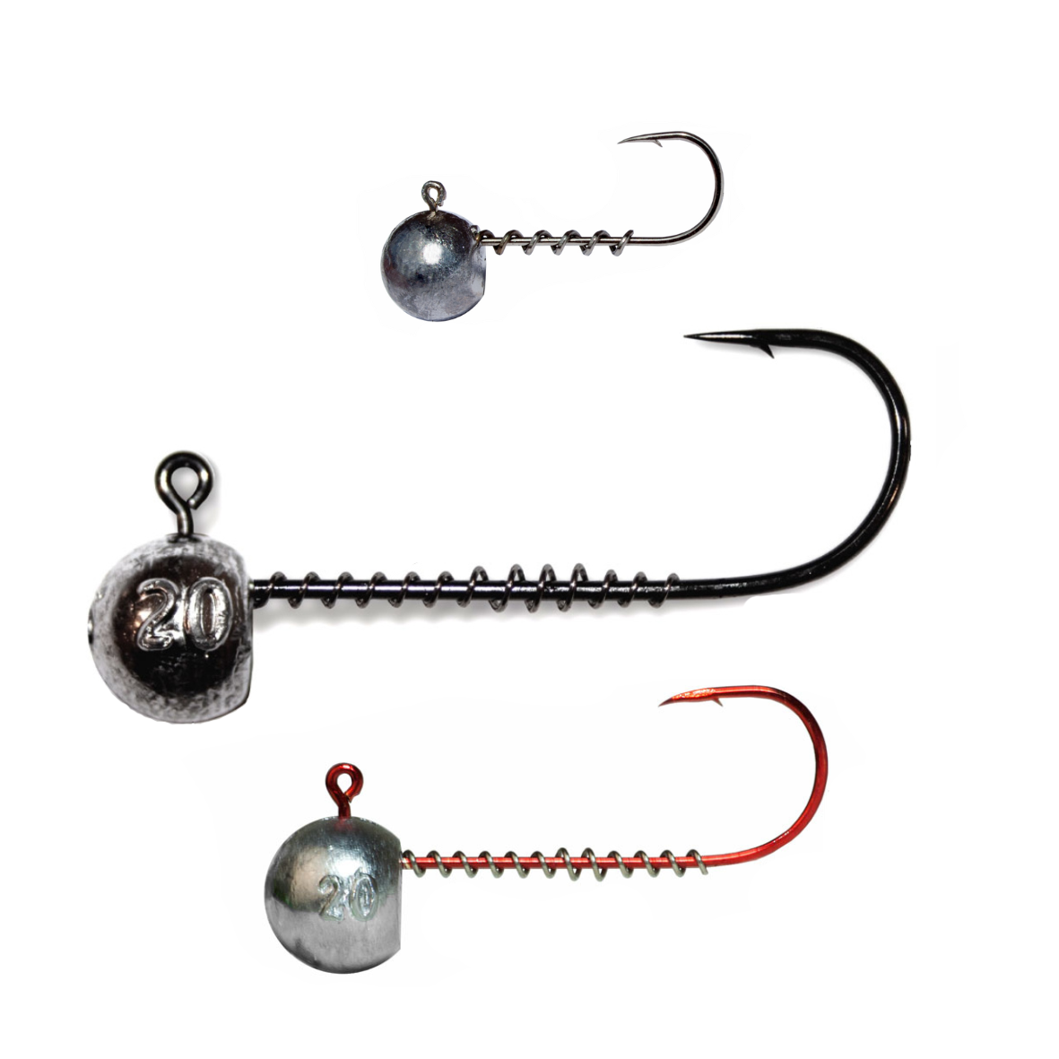 Jig heads with hook, designed for soft plastic lures, shown on a white background.