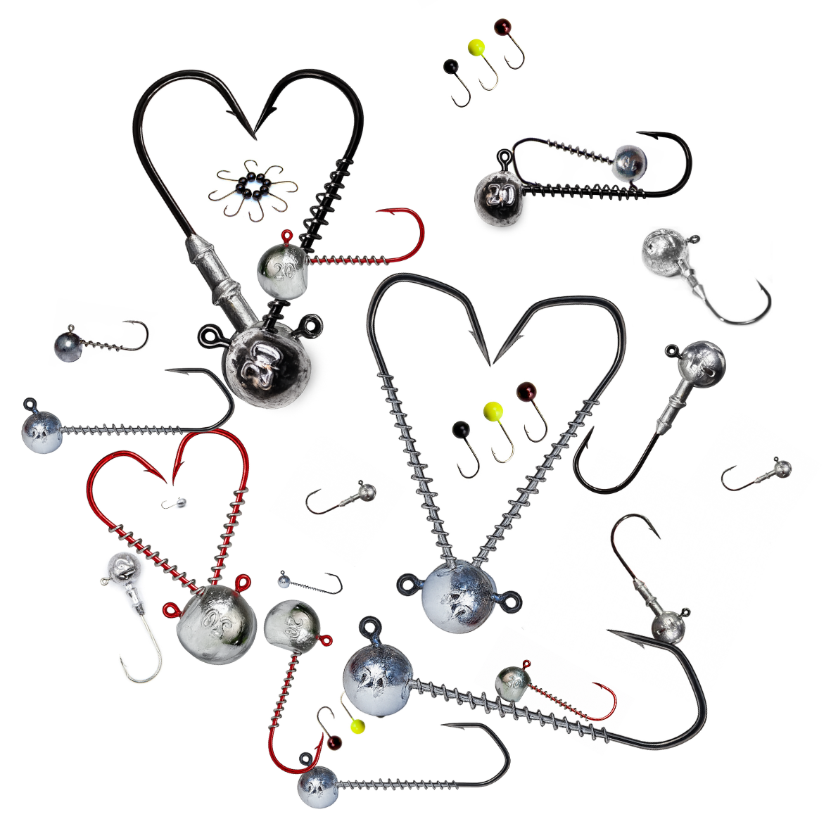 Jig heads with hook, designed for soft plastic lures, shown on a white background.