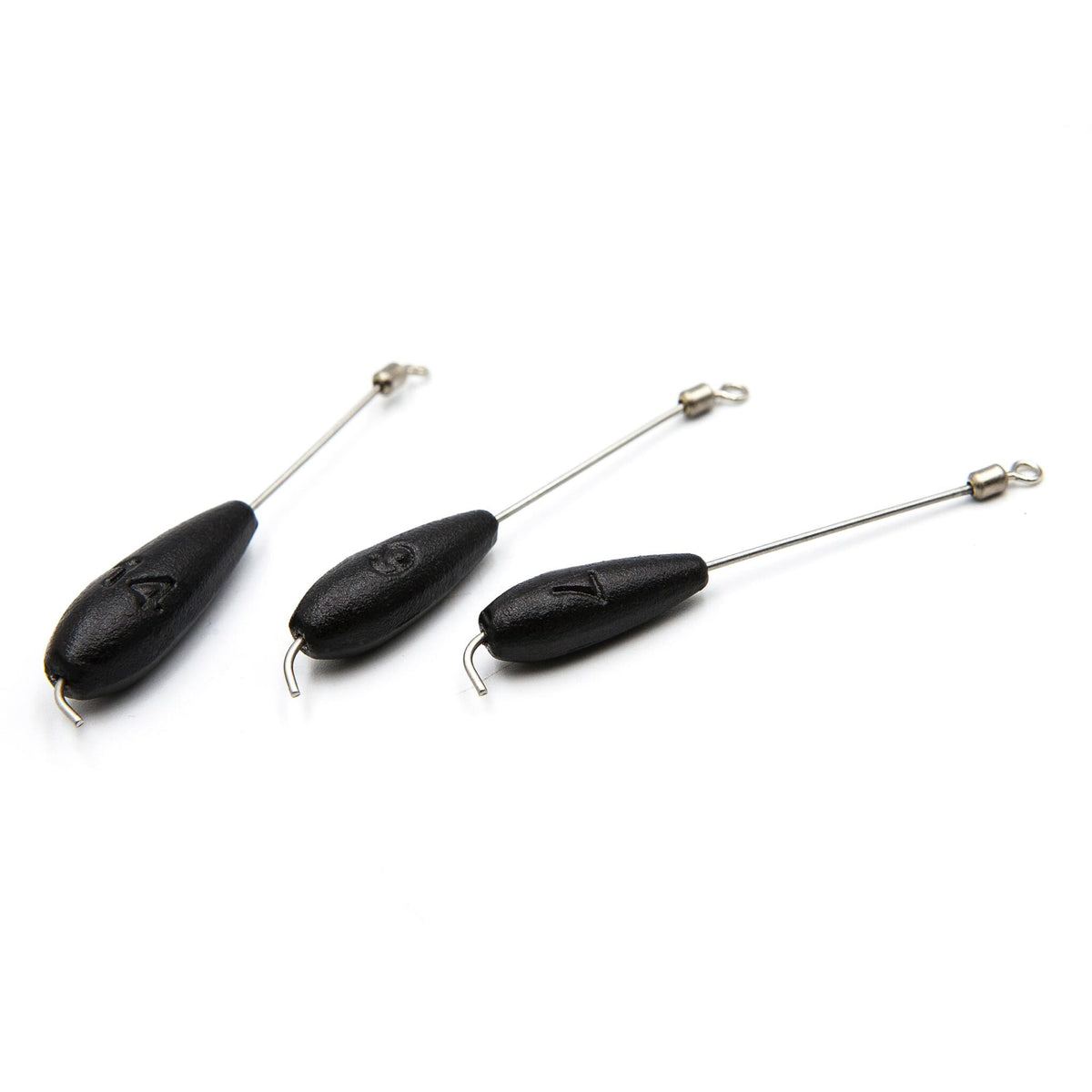 Three dark brown Tokyo Rig weights with wire stems for soft plastic bottom-contact rigs.