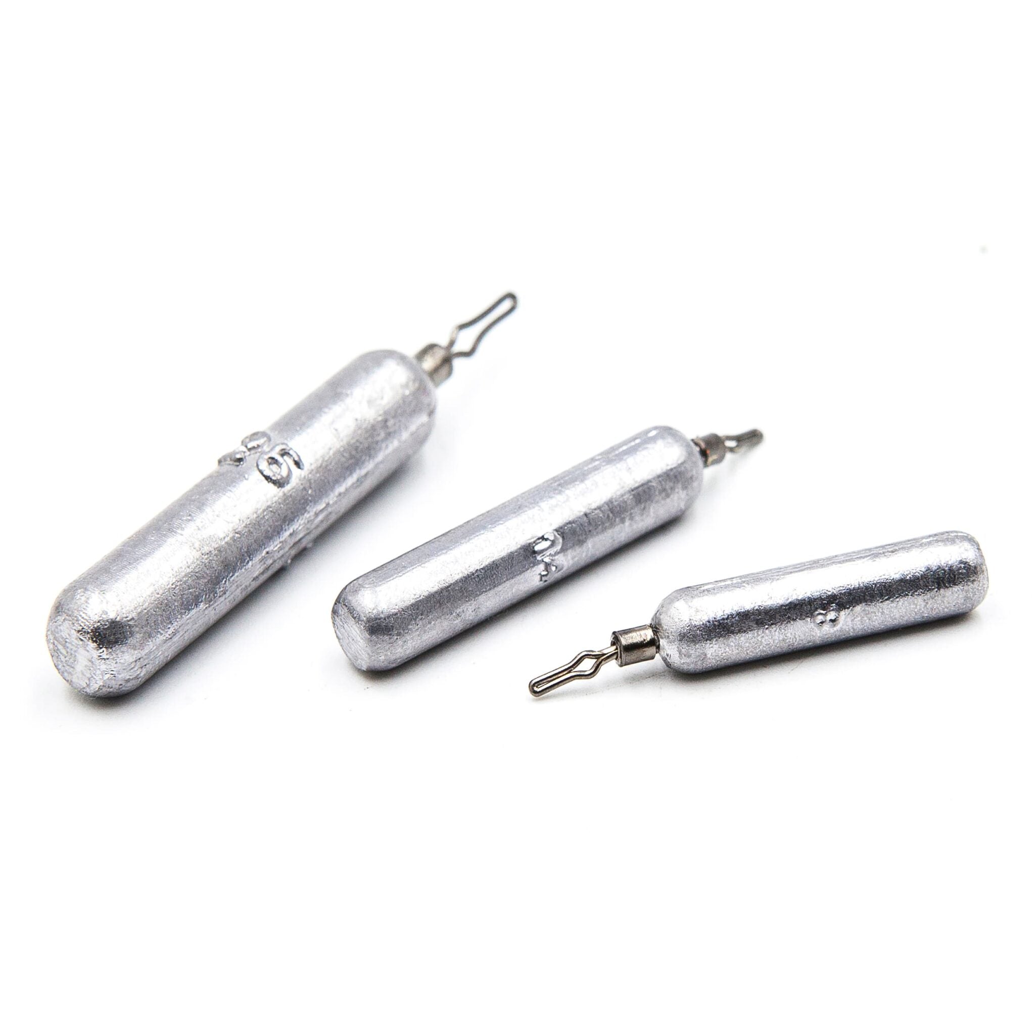 Three unpainted drop shot weights with quick clip for finesse rigs on white background.
