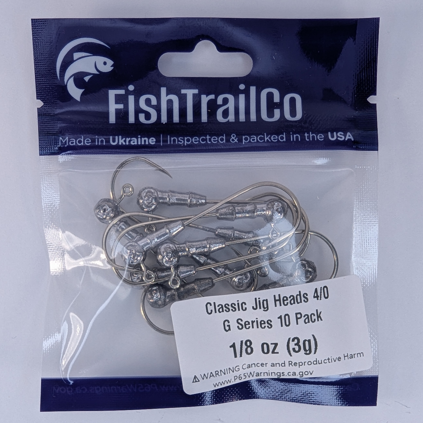 Pack of Classic Jig Heads by FishTrailCo with packaging details on a white background