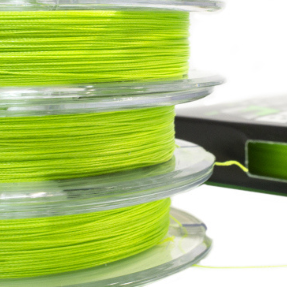 Three open Intech First Braid X8 green braided line spools