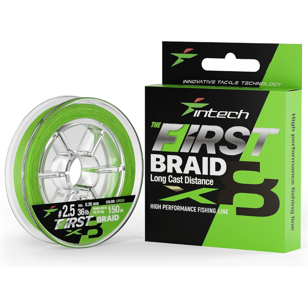 Intech First Braid X8 green braided line package with open spool beside it