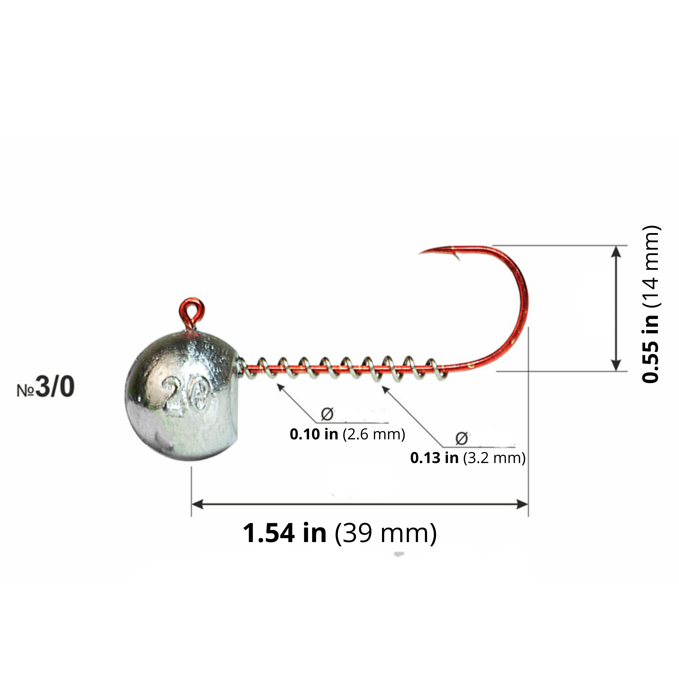 Jig head with red hook and spring keeper 3/0 size diagram showing hook and keeper dimensions.