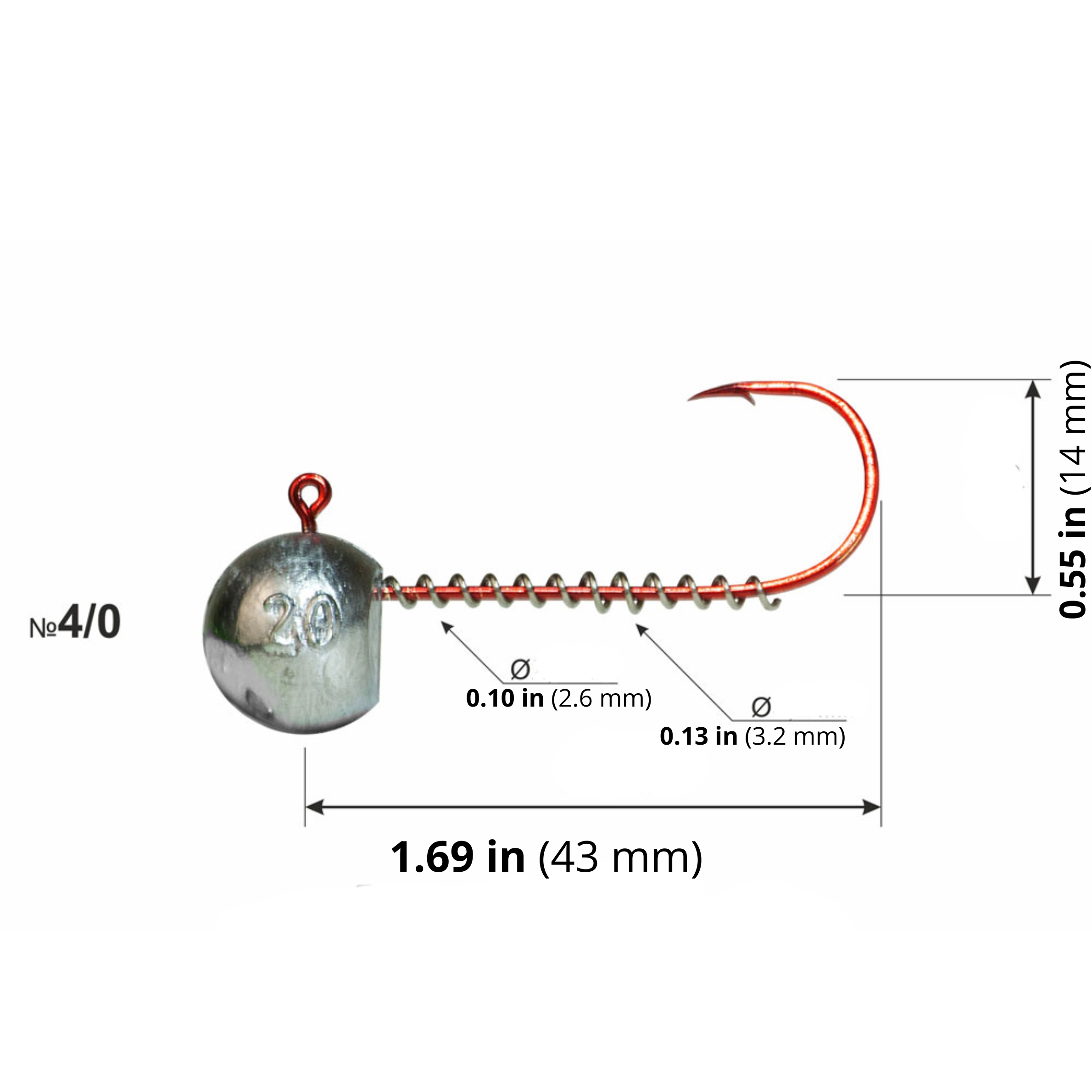 Jig head with red hook and spring keeper 4/0 size diagram showing hook and keeper dimensions.