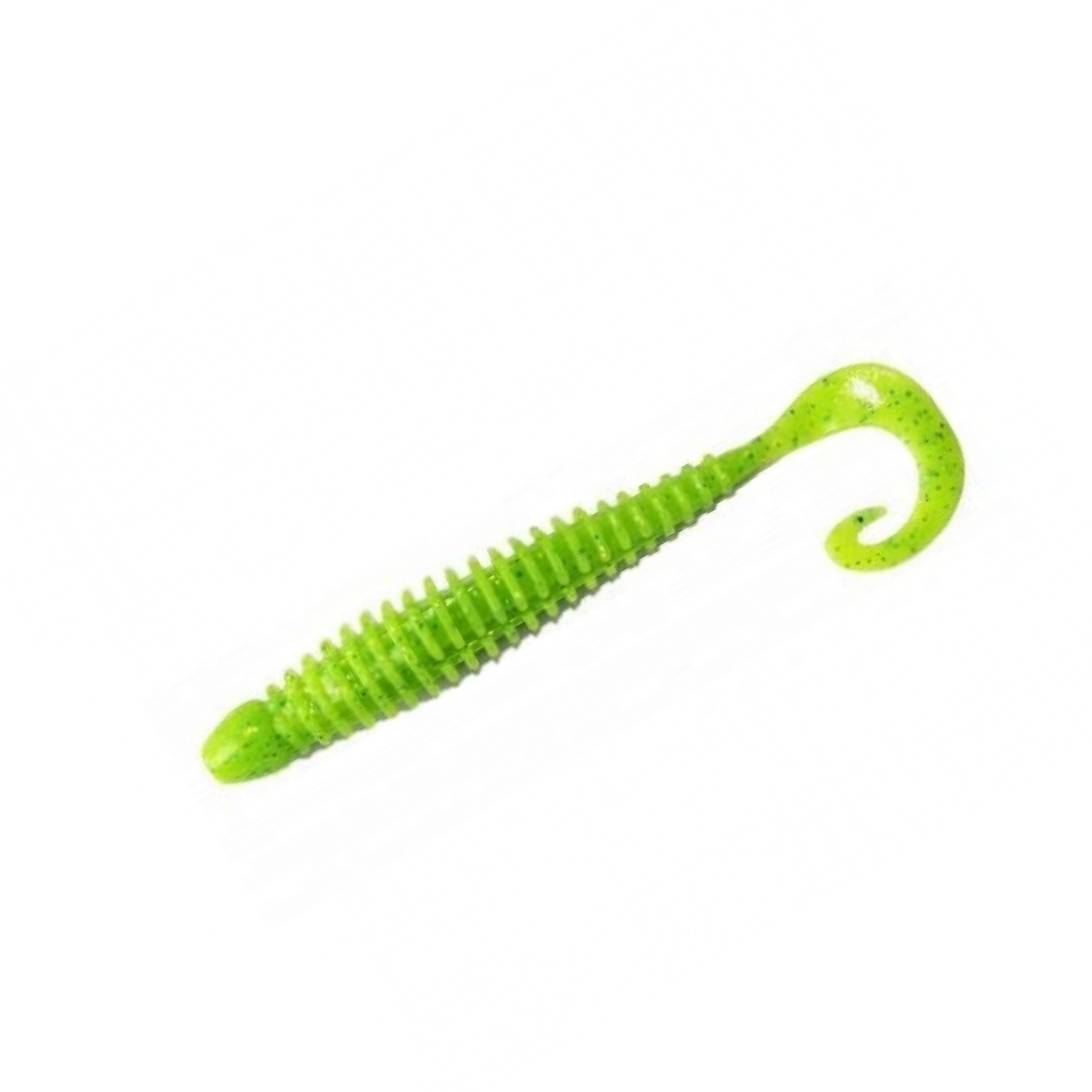 TurboRib 2-inch Lime Green Glitter ribbed twister grub soft plastic lure with curly-tail action on white background.