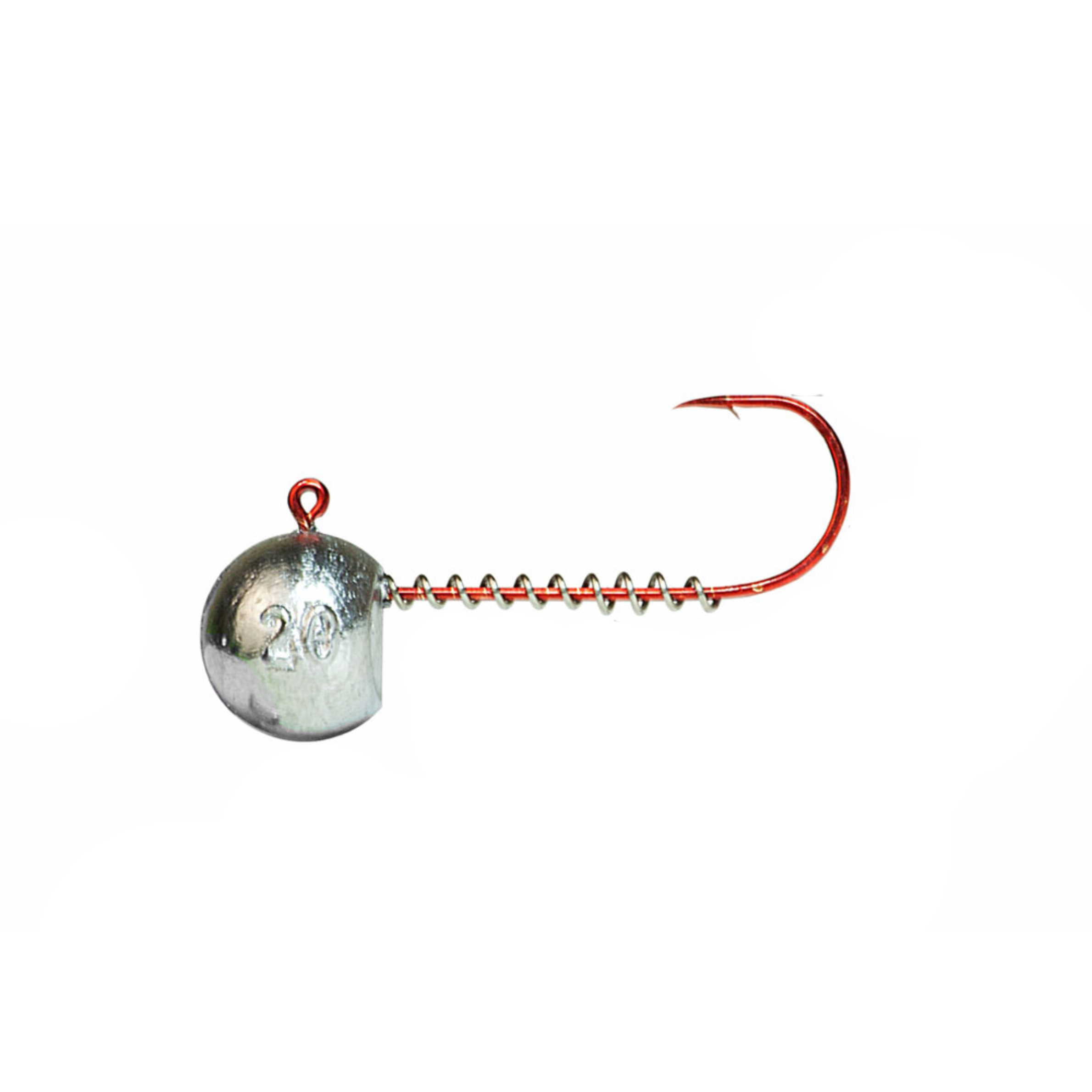 Jig head with red hook and spring keeper 3/0 for soft plastic swimbaits on white background.