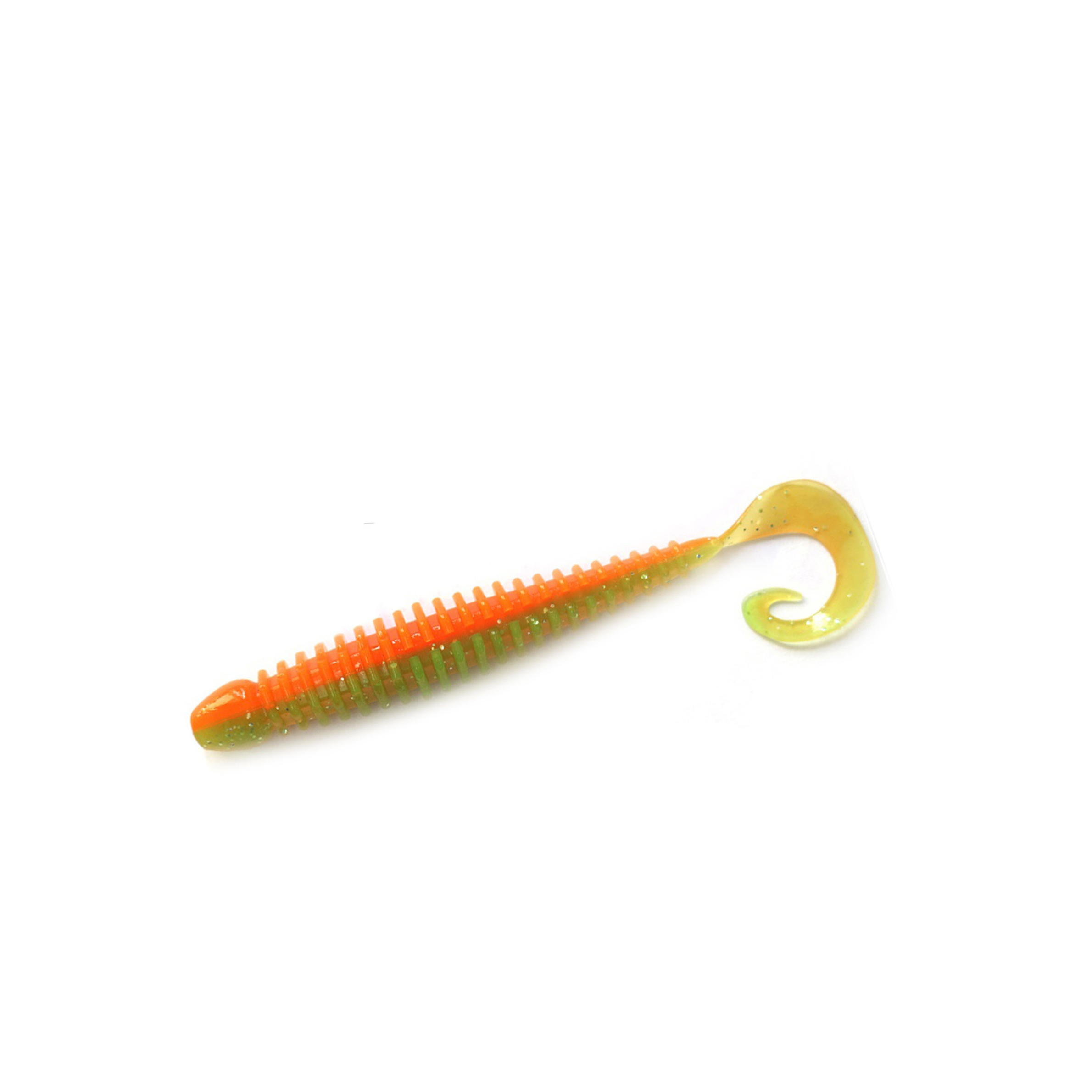 TurboRib 2-inch Sherbet ribbed twister grub soft plastic lure with curly-tail action on white background.