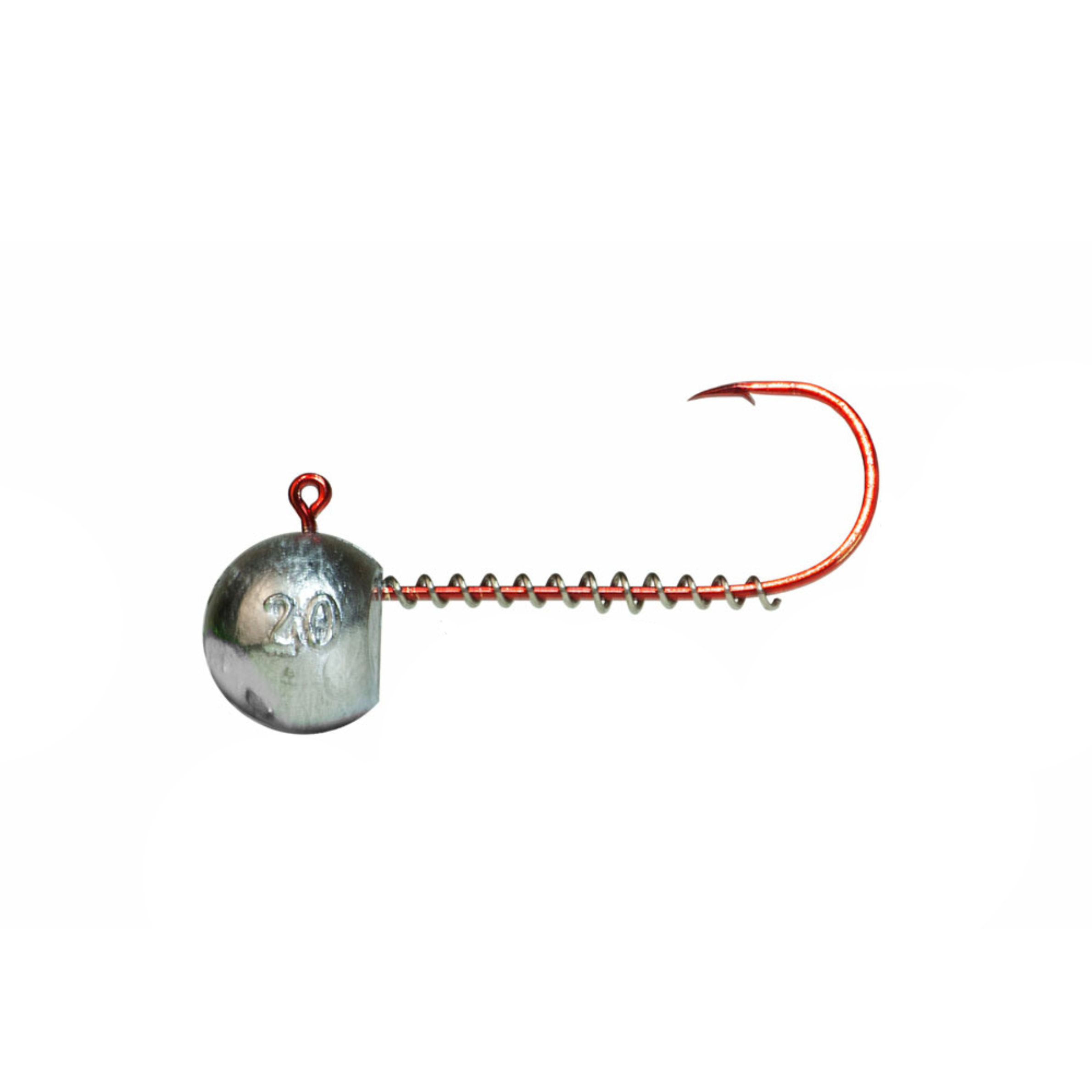 Jig head with red hook and spring keeper 4/0 for paddle tail swimbaits on white background.