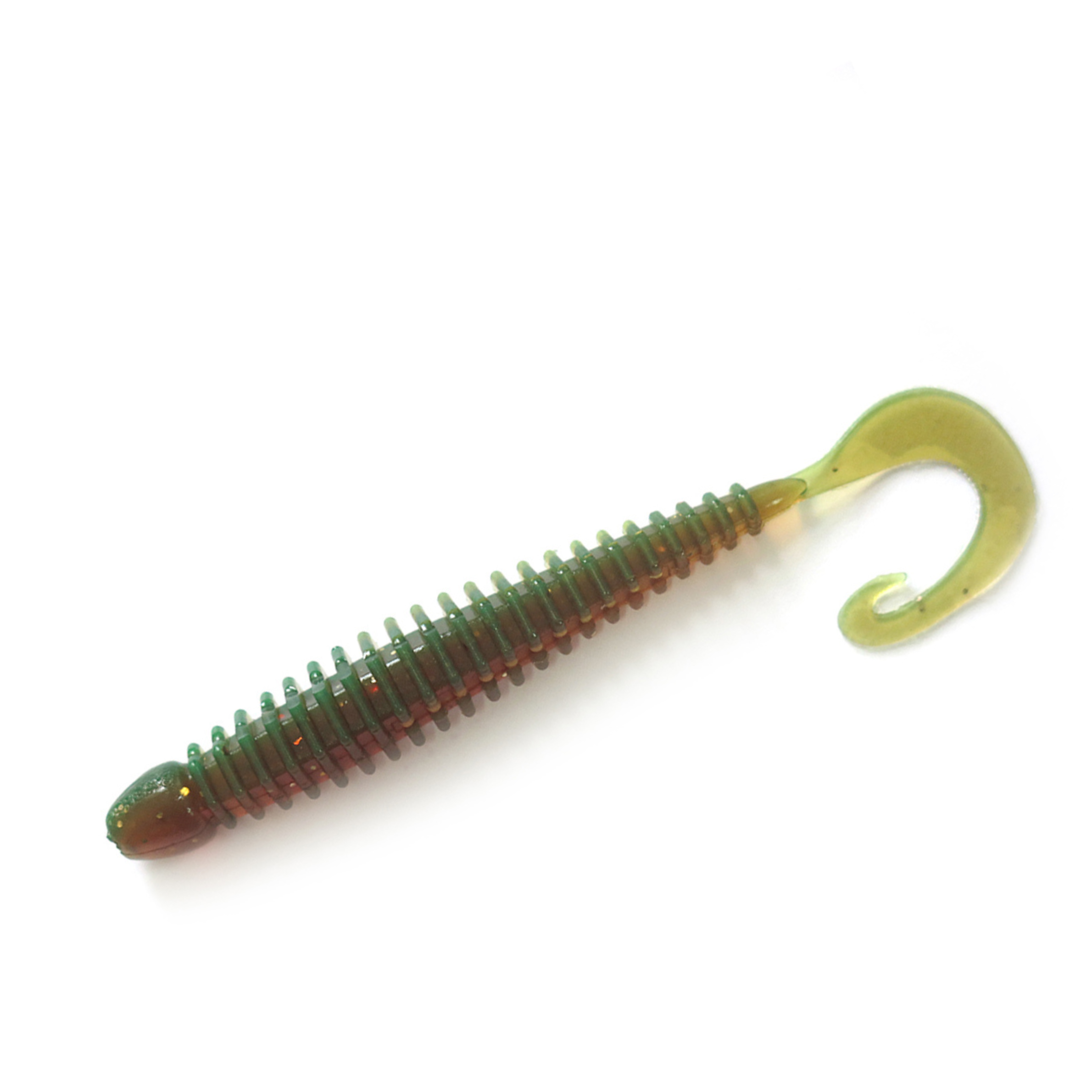 TurboRib 4-inch Watermelon Candy ribbed twister grub soft plastic lure with curly-tail action on white background.