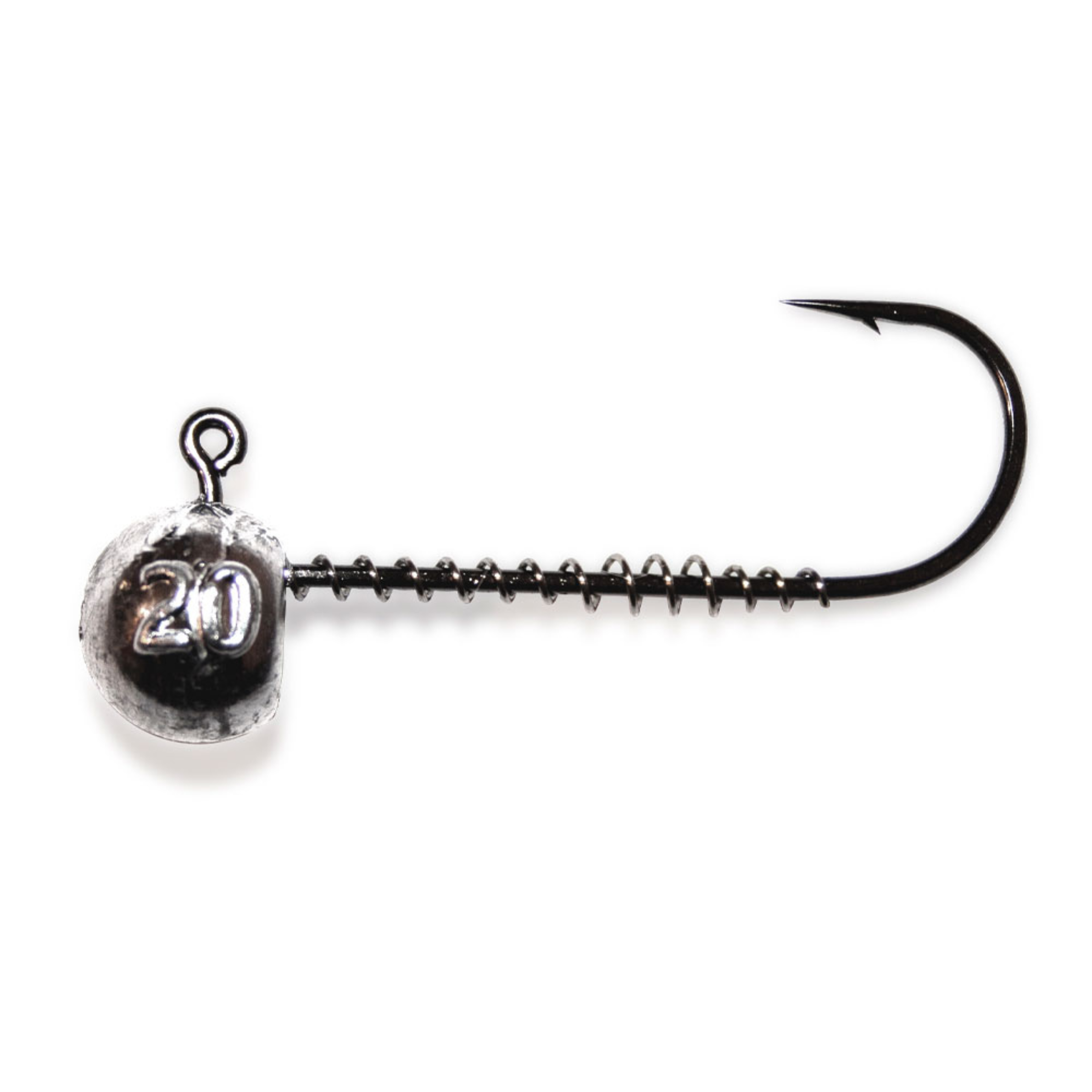 Single long shank screw lock jig head 4/0 for soft plastics on white background.