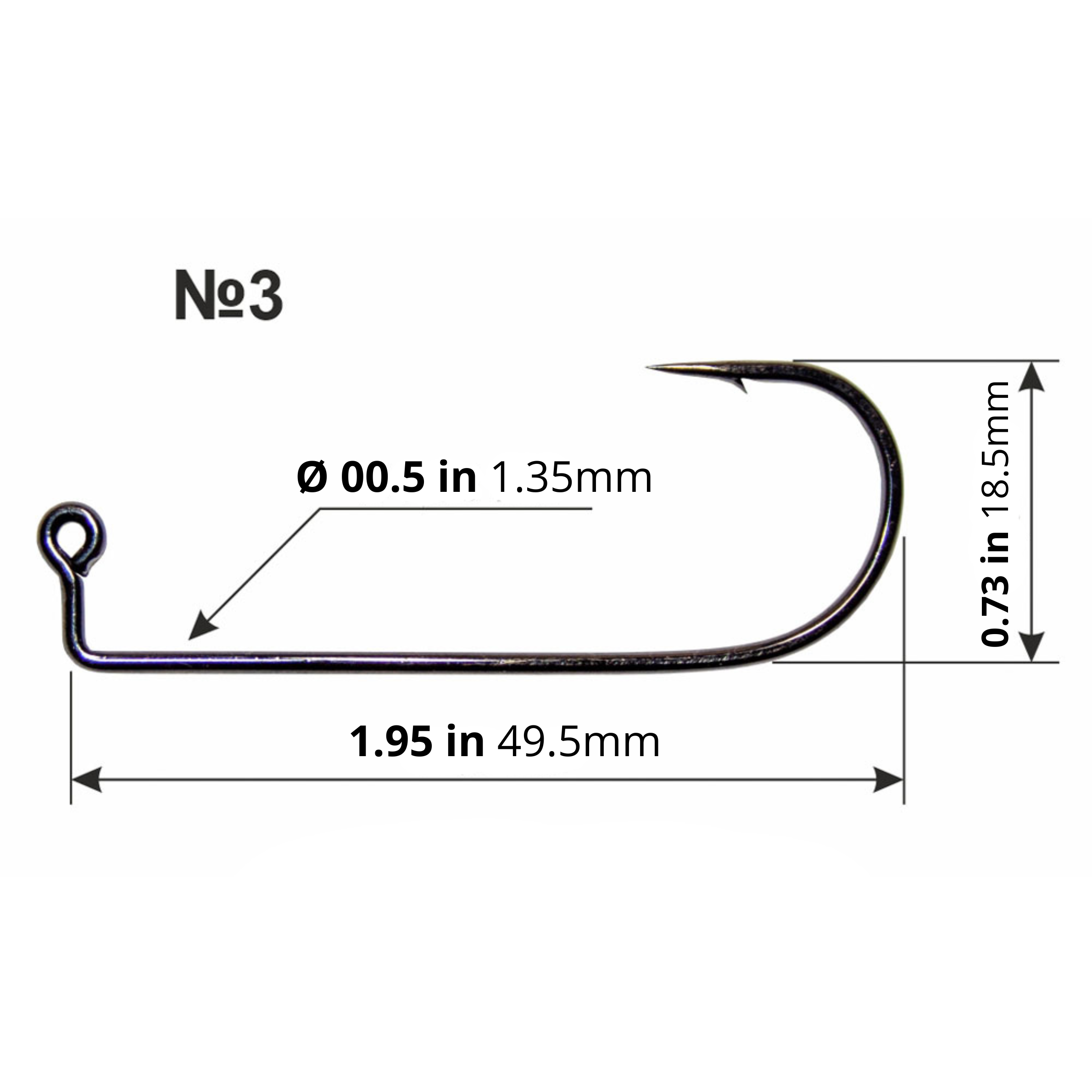 Long shank hook size diagram for 3/0 screw lock jig head showing hook length and wire diameter.