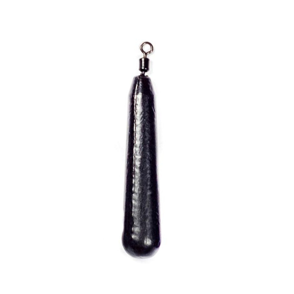 Black FishTrailCo Slim Teardrop Drop Shot weights with swivel on a white background