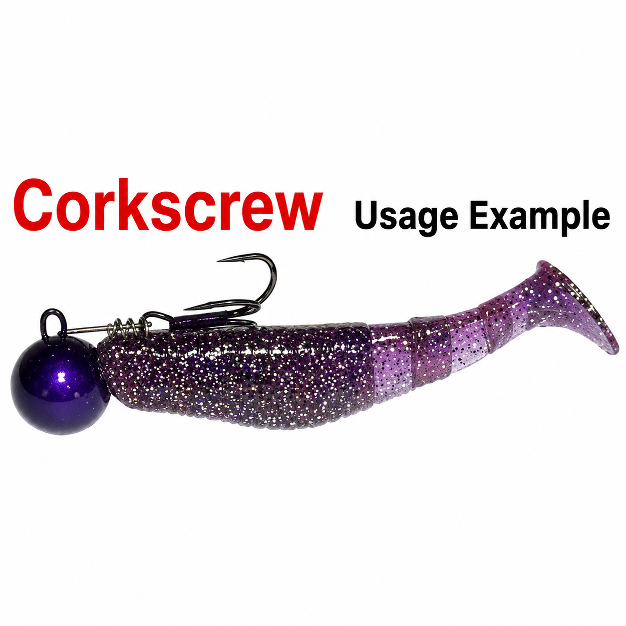 Soft plastic swimbait rigged with screw lock head and snap usage example on white background