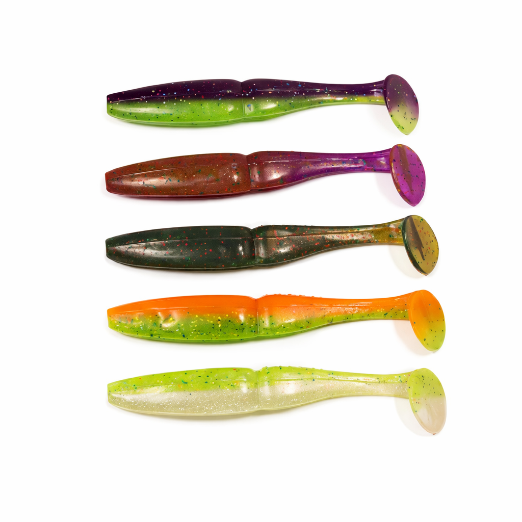 Slim Shad 5-inch Color Mix paddle tail swimbait soft plastic lures with slim baitfish profiles and controlled tail kick.