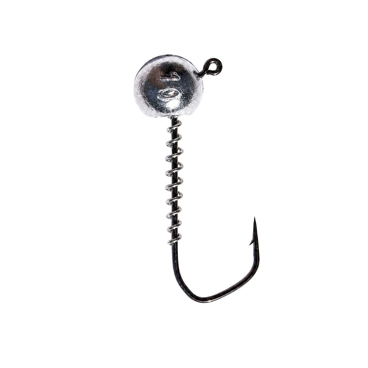 FishTrailCo Barbarian angular wide gap jig head with a coil spring keeper, vertical view on a white background.