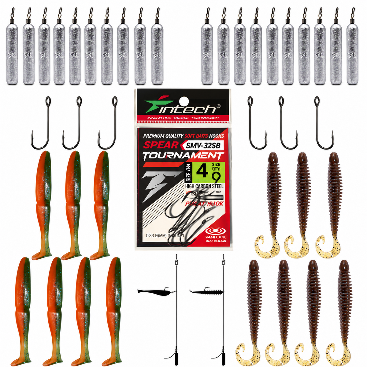 FishTrailCo Drop Shot Finesse Kit with Turborib 3-inch grubs, Slim Shad 3.3-inch swimbaits, skinny drop shot weights, Spear #4 hooks, and rigging diagrams.