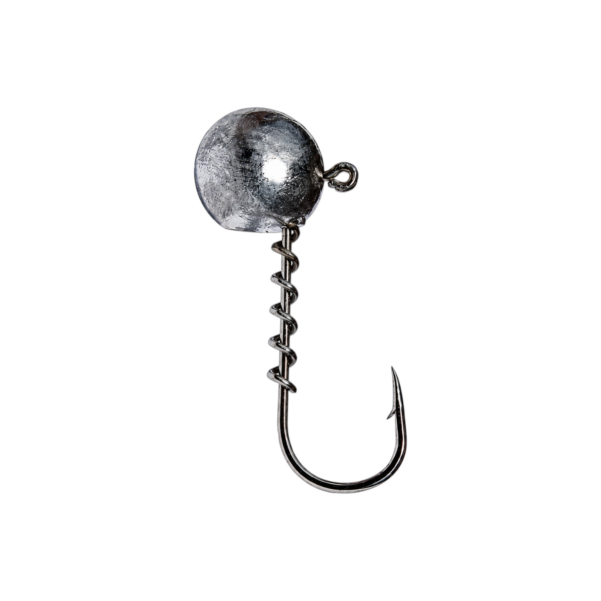 FishTrailCo micro jig head with a round lead head and coil spring keeper, vertical view on a white background.