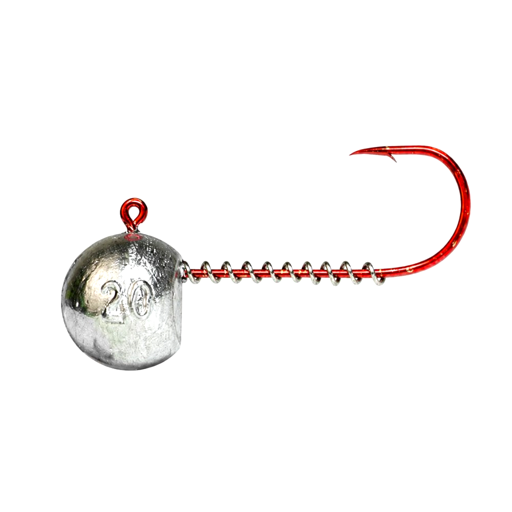 FishTrailCo jig head with a red hook and coil spring keeper, side view on a white background.