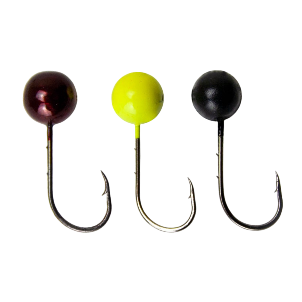 FishTrailCo S-59 mormyshka micro jig heads in Garnet, Lemon and Black, showing round heads and barbed hook shanks on a white background.