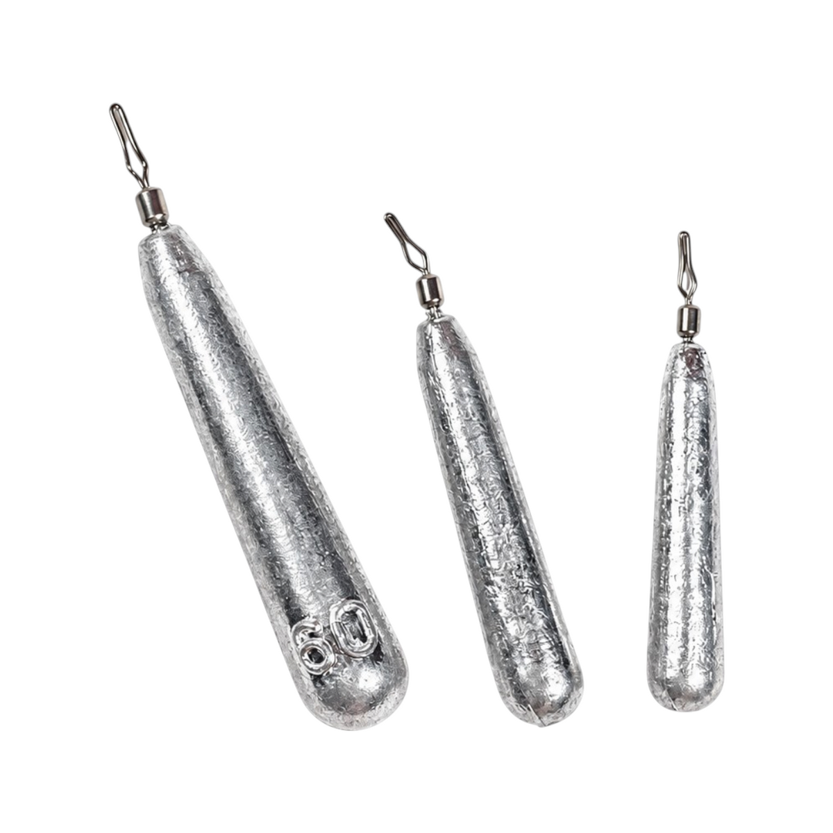 Three FishTrailCo Slim Teardrop Drop Shot weights with unpainted lead bodies and quick-change line clips.