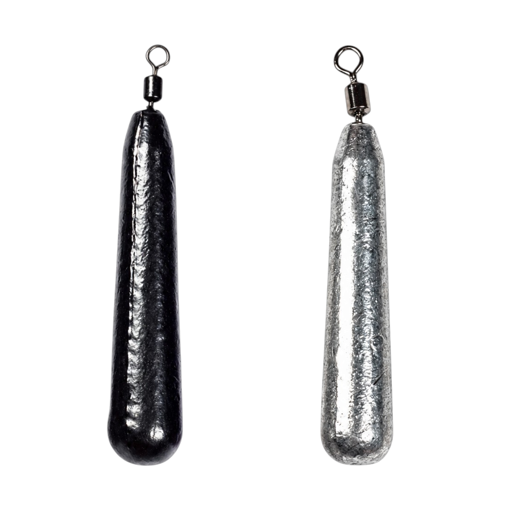 Second view of black and unpainted FishTrailCo Slim Teardrop Drop Shot weights, showing their narrow bodies and swivel connections.