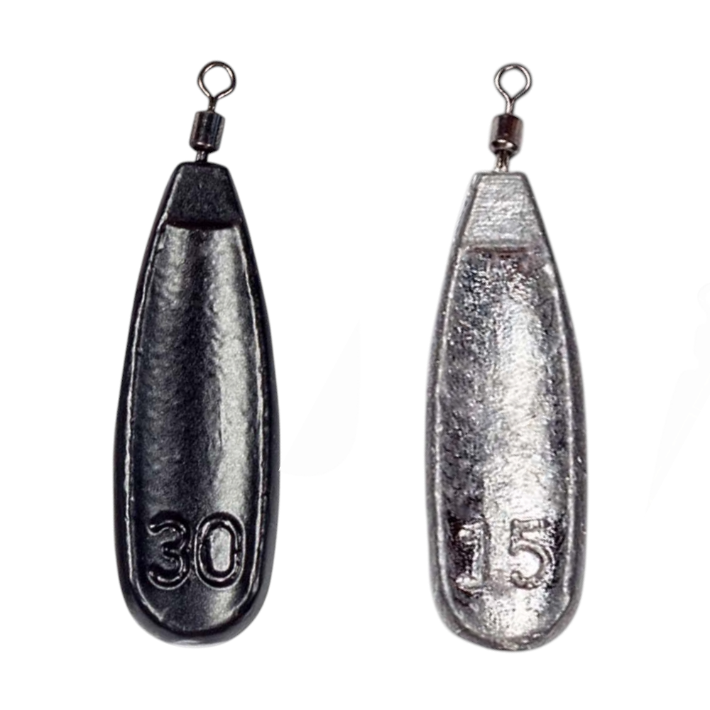 Black and unpainted FishTrailCo Slow Glide Jig Rig weights shown together in a second view.