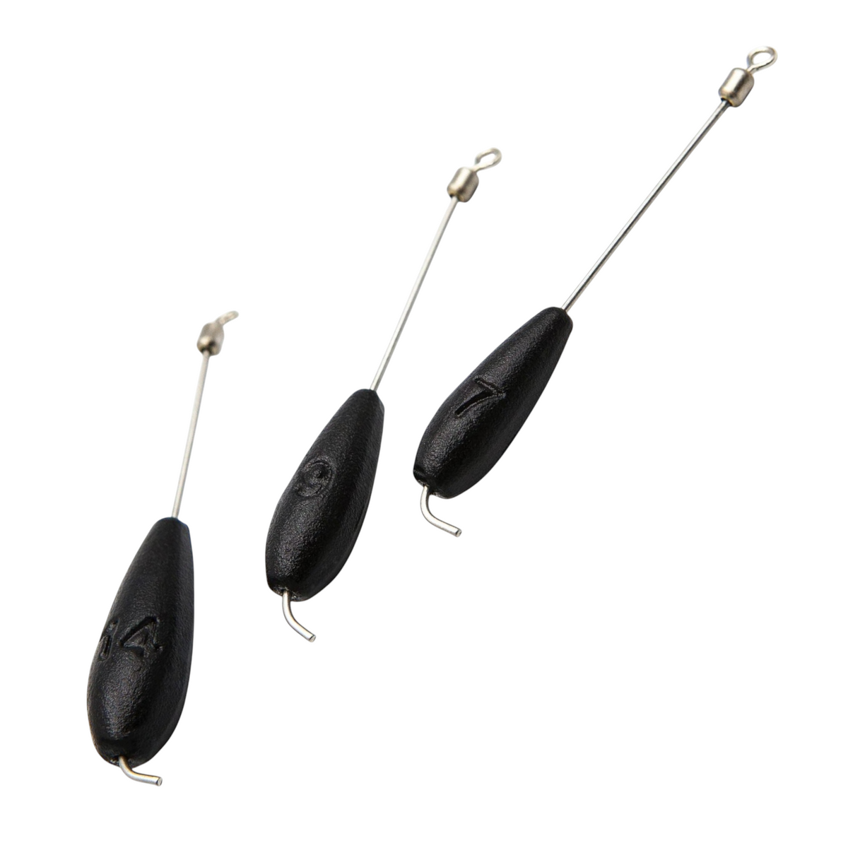 Three FishTrailCo Tokyo Rig weights with dark brown finishes, wire dropper arms, and upper swivels.