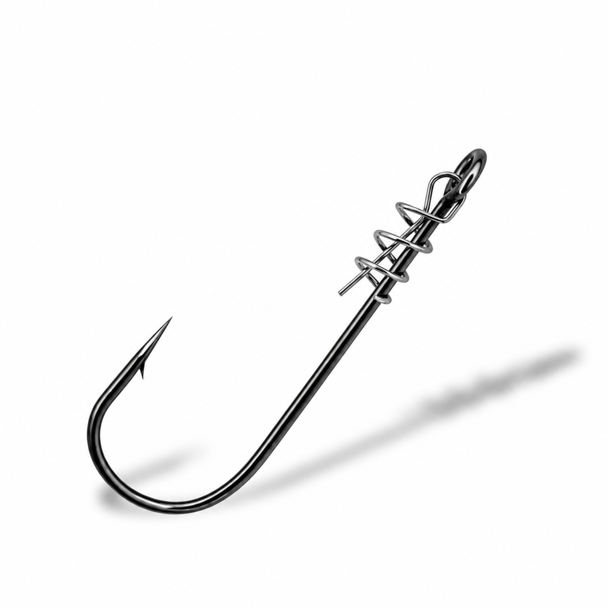 Angled view of a Helix Hook MH-10 black nickel single hook with a spring bait keeper wrapped around the straight shank.