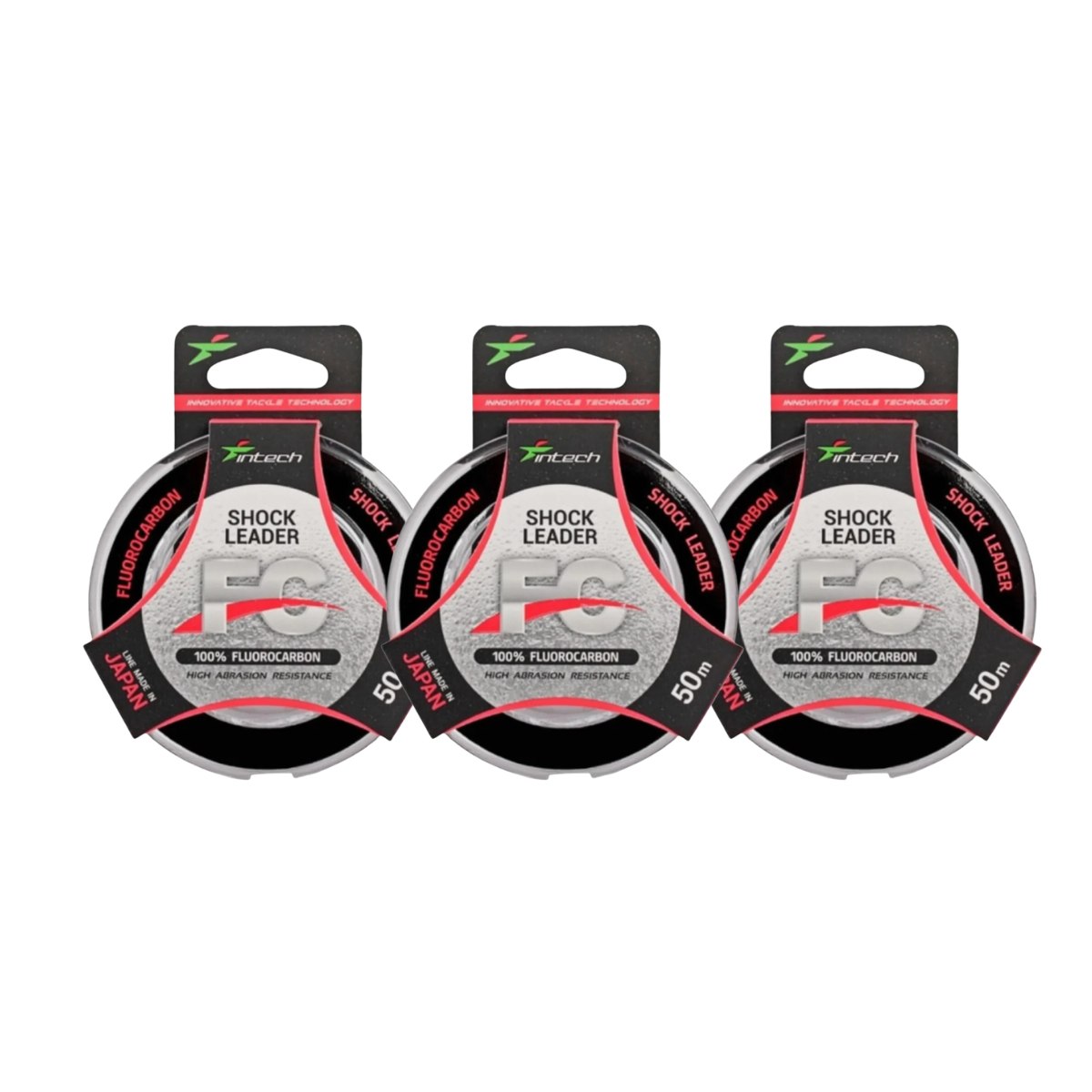 Three Intech FC Shock Leader fluorocarbon spools in retail packaging.