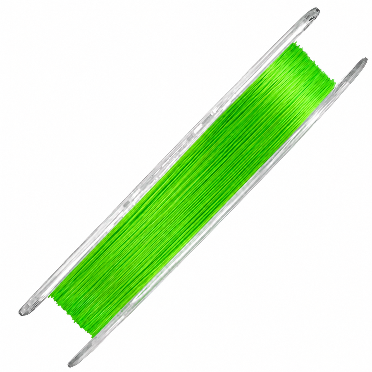 Close-up side view of Intech Tournament Jig Style PE X8 fluorescent green braided line, PE #0.8, 12.1 lb test, wound on a clear spool.