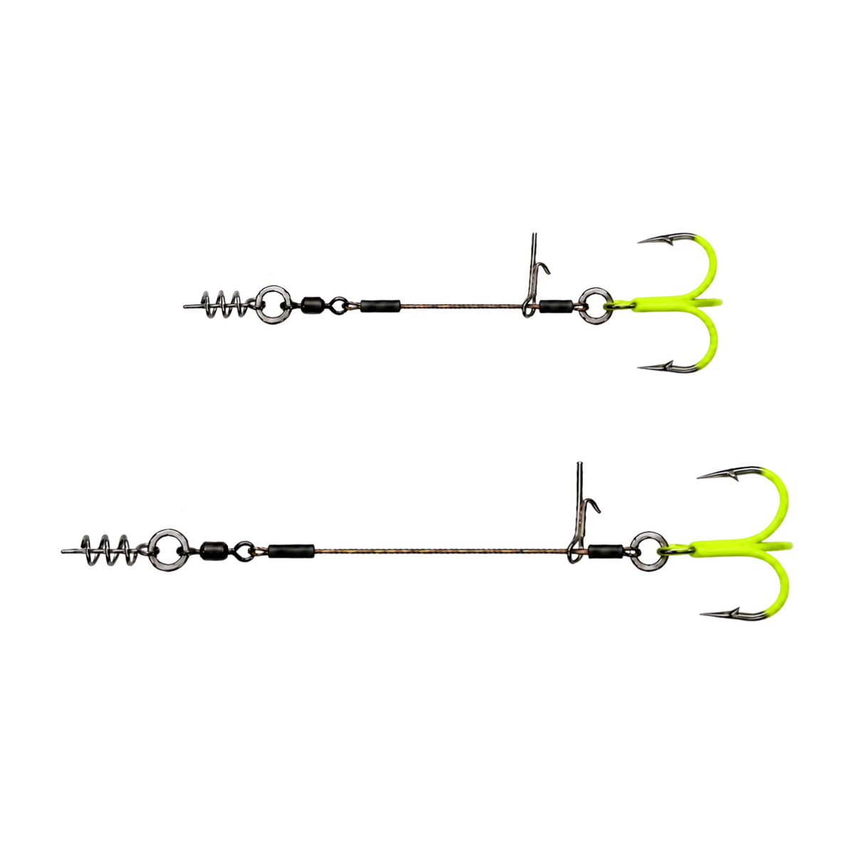 Two Leader Stinger Rig ST-36 rigs in UV Chartreuse, each with a spring keeper, wire leader, bait pin, and one treble hook, shown in two lengths.