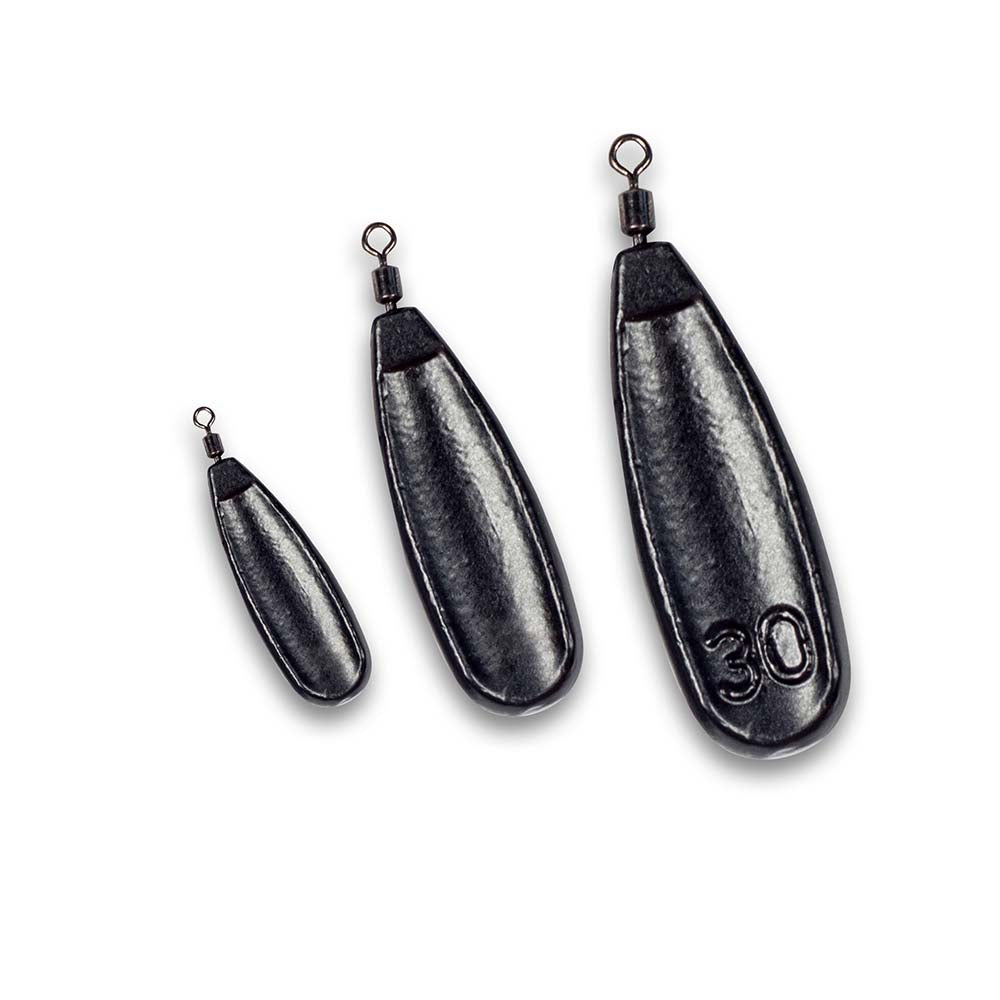 Three black slow glide jig rig weights for free-swinging soft bait rigs on a white background.