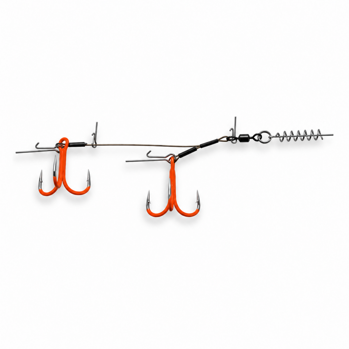 Lower Stinger Rig Duo ST-36 with two UV Orange treble hooks, a steel wire belly harness, screw-lock spring keeper, and bait pins.