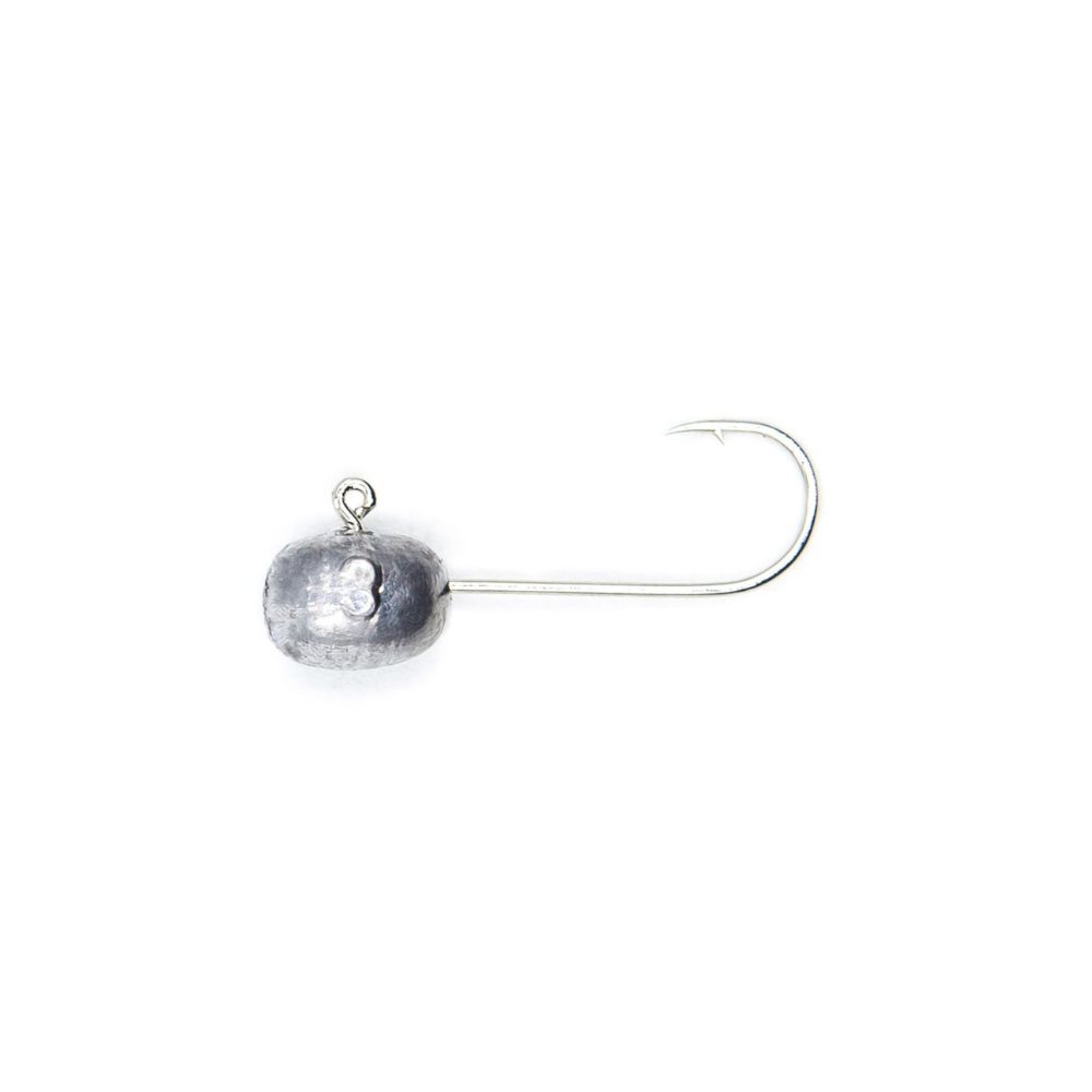 Micro jig head with a size #4 hook and unpainted lead head, shown horizontally.