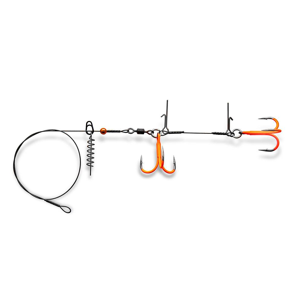 Stinger Pike Rig Duo ST36 with two UV orange treble hooks, screw-lock bait keeper, bait pins, and wire leader.