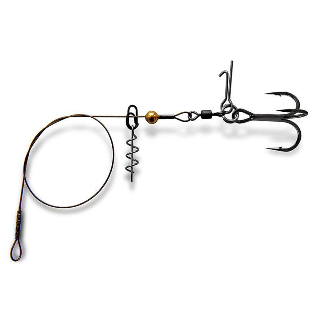 Single ST36 pike stinger rig with Black Nickel treble hook, screw-lock spring keeper, bait pin, steel wire leader and connection loop.