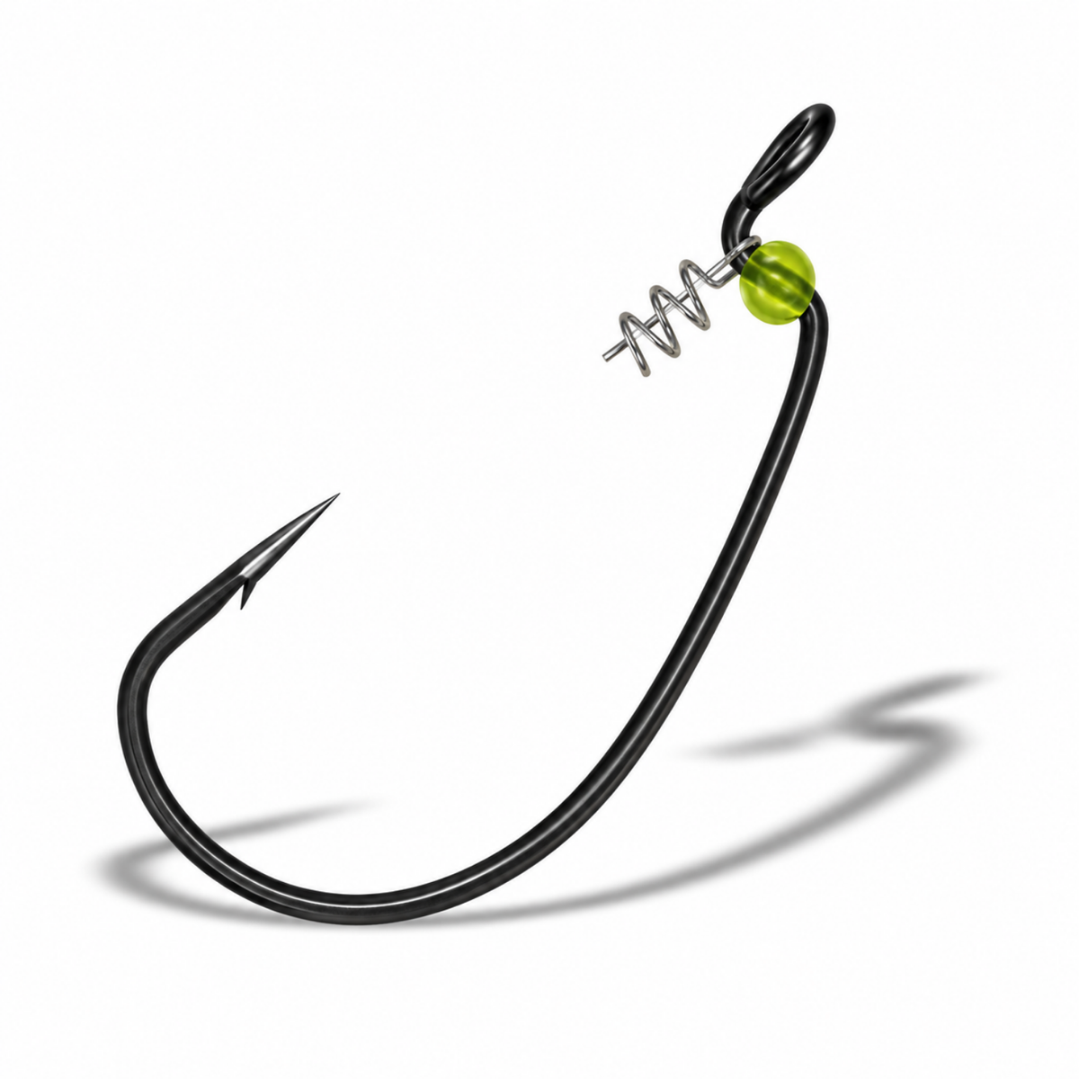 Super Lock XP LEHS PTF offset hook with helix spring keeper and green fluorescent stopper bead on a white background.