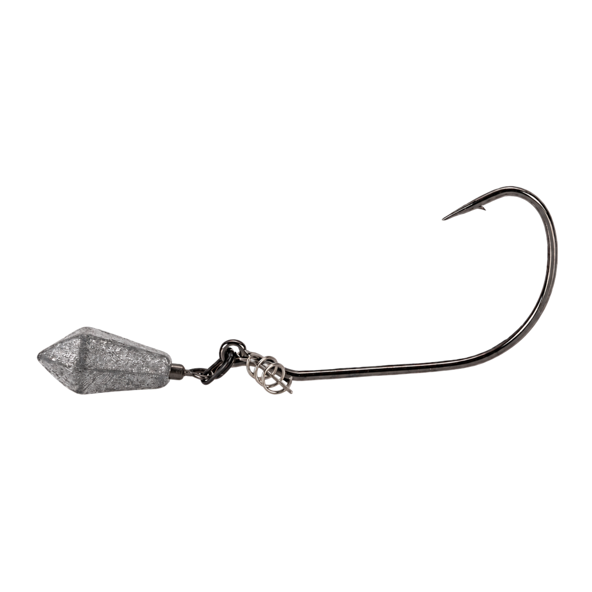 Side view of a Swim Bait JR jig rig showing the black nickel hook, spring bait keeper, and separate sinker connected at the hook eye.