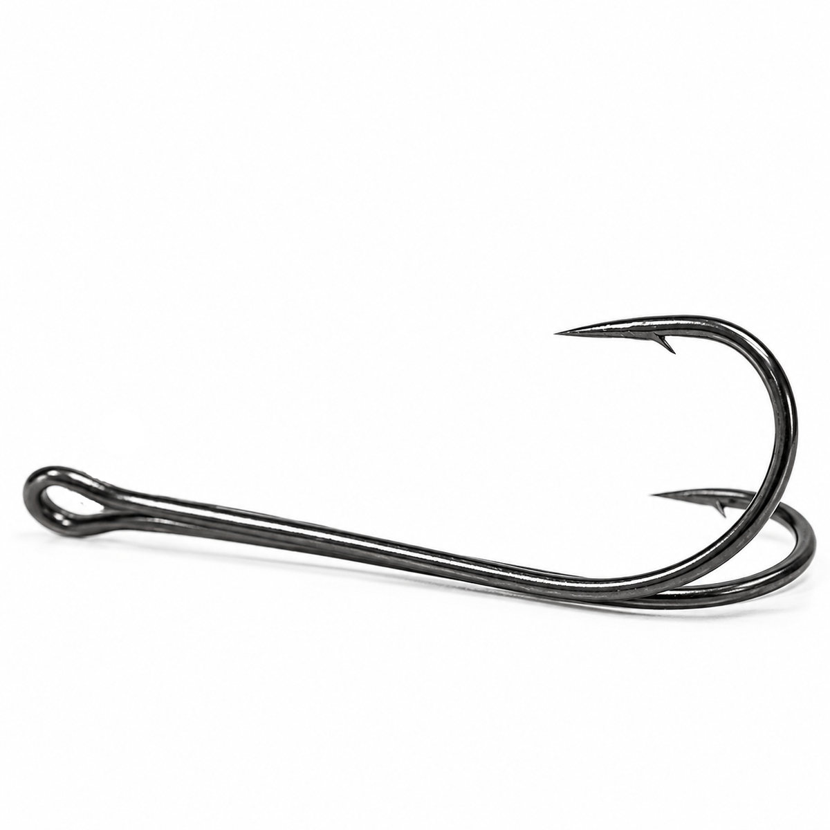 Angled view of a black Intech Tournament Longaff DFV-23SB double hook.