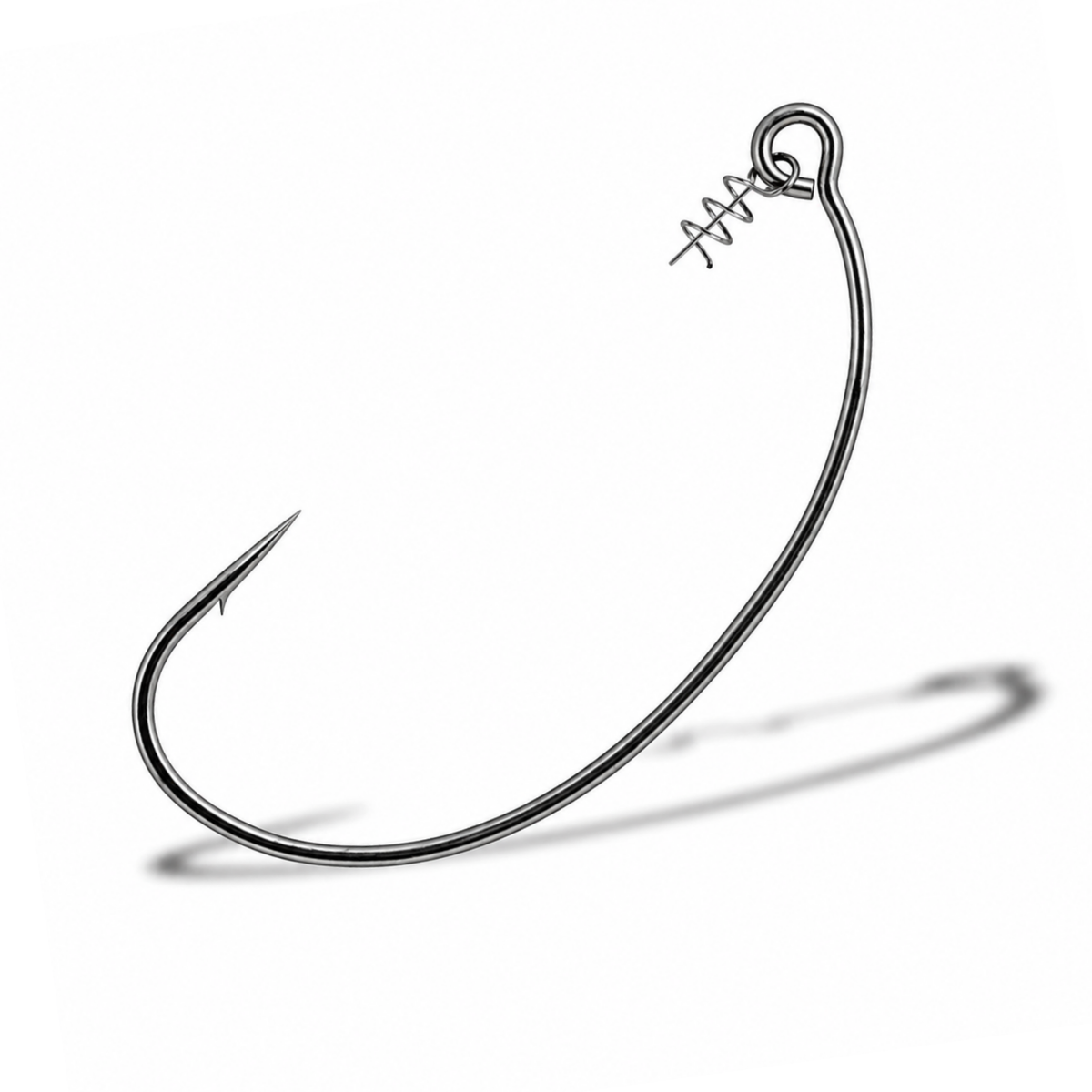 Yoke Swim Bait unweighted offset swimbait hook with a spring clip bait keeper, oversized eye, and curved hook profile, close-up.