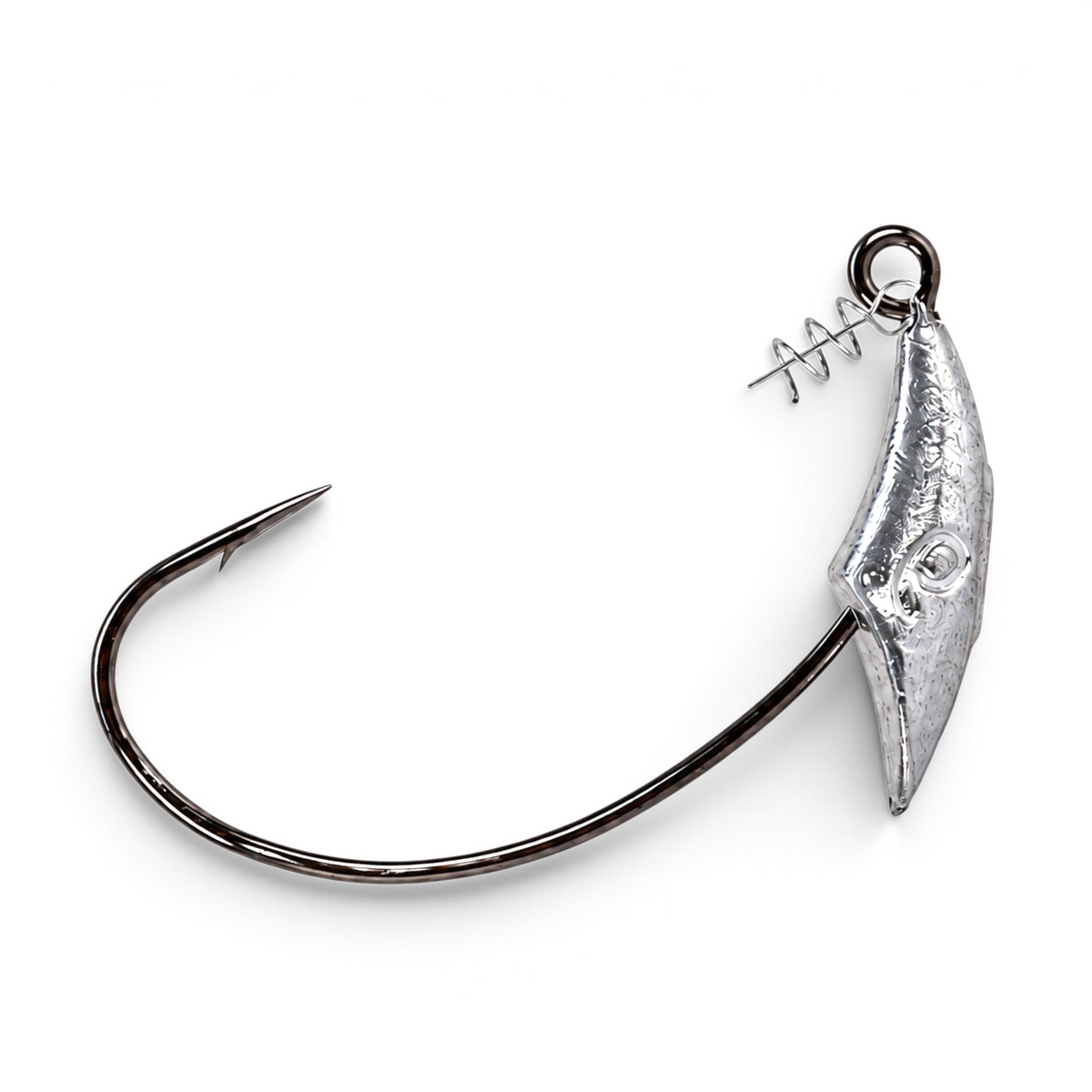 Yoke Swim Bait W weighted offset hook in Black Nickel with a fixed front weight and spring clip bait keeper, close-up.