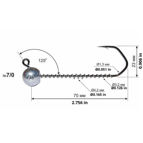 FishTrailCo Barbarian Angular Wide Gap Jig Head 7/0 technical diagram showing jig length, height, 125-degree hook angle, and spring keeper dimensions