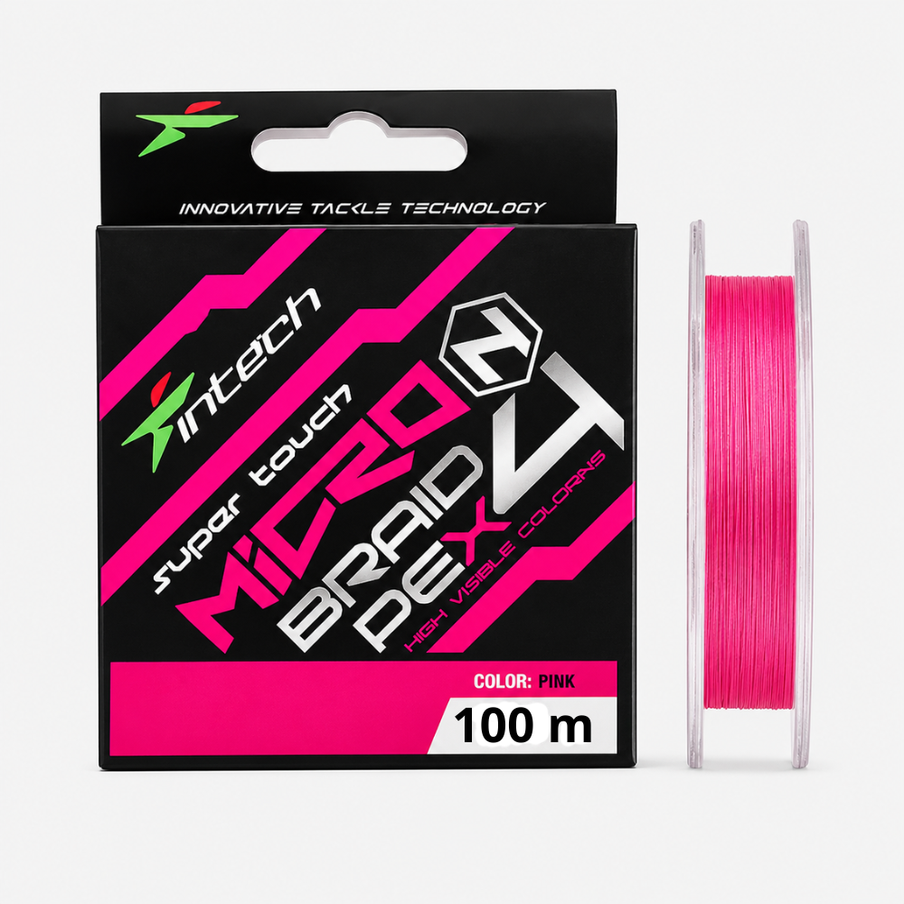 Intech MicroN PE X4 100m braided fishing line in retail packaging with spool standing beside the box