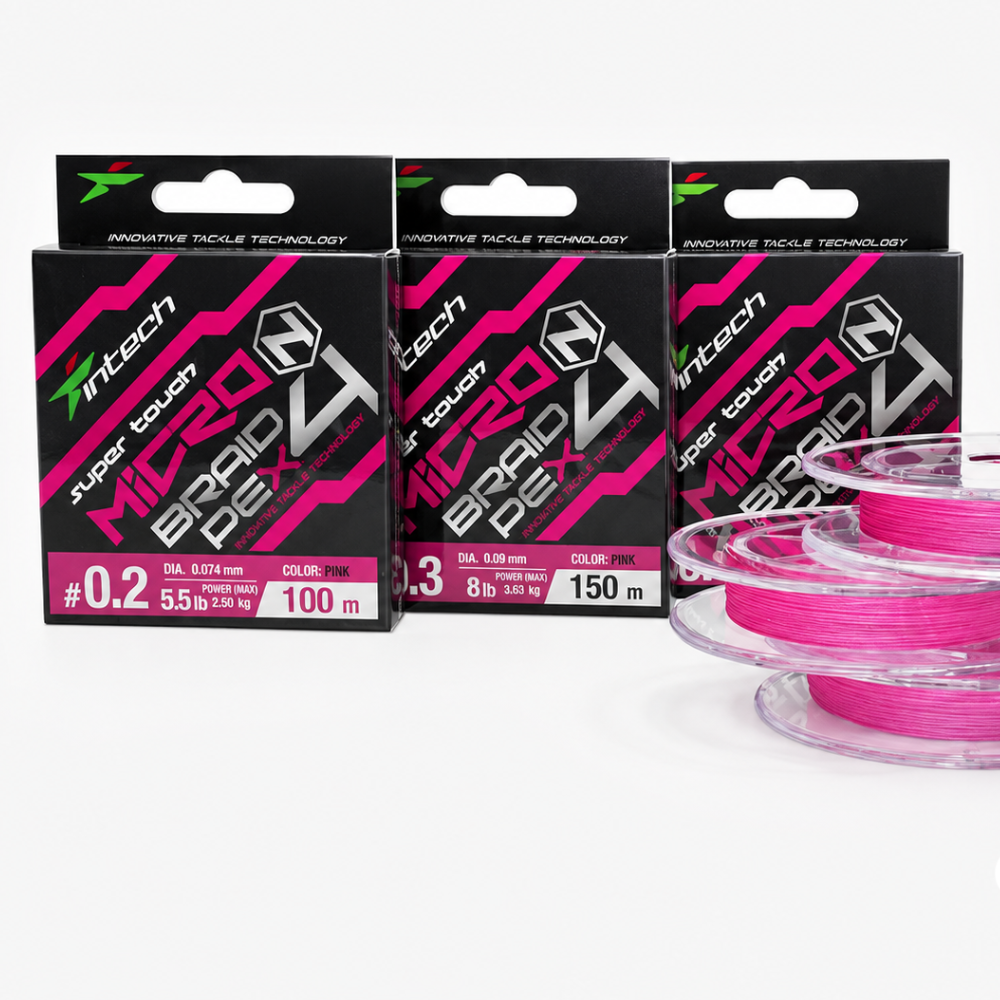Multiple Intech MicroN PE X4 braided fishing line spools and packages displayed together