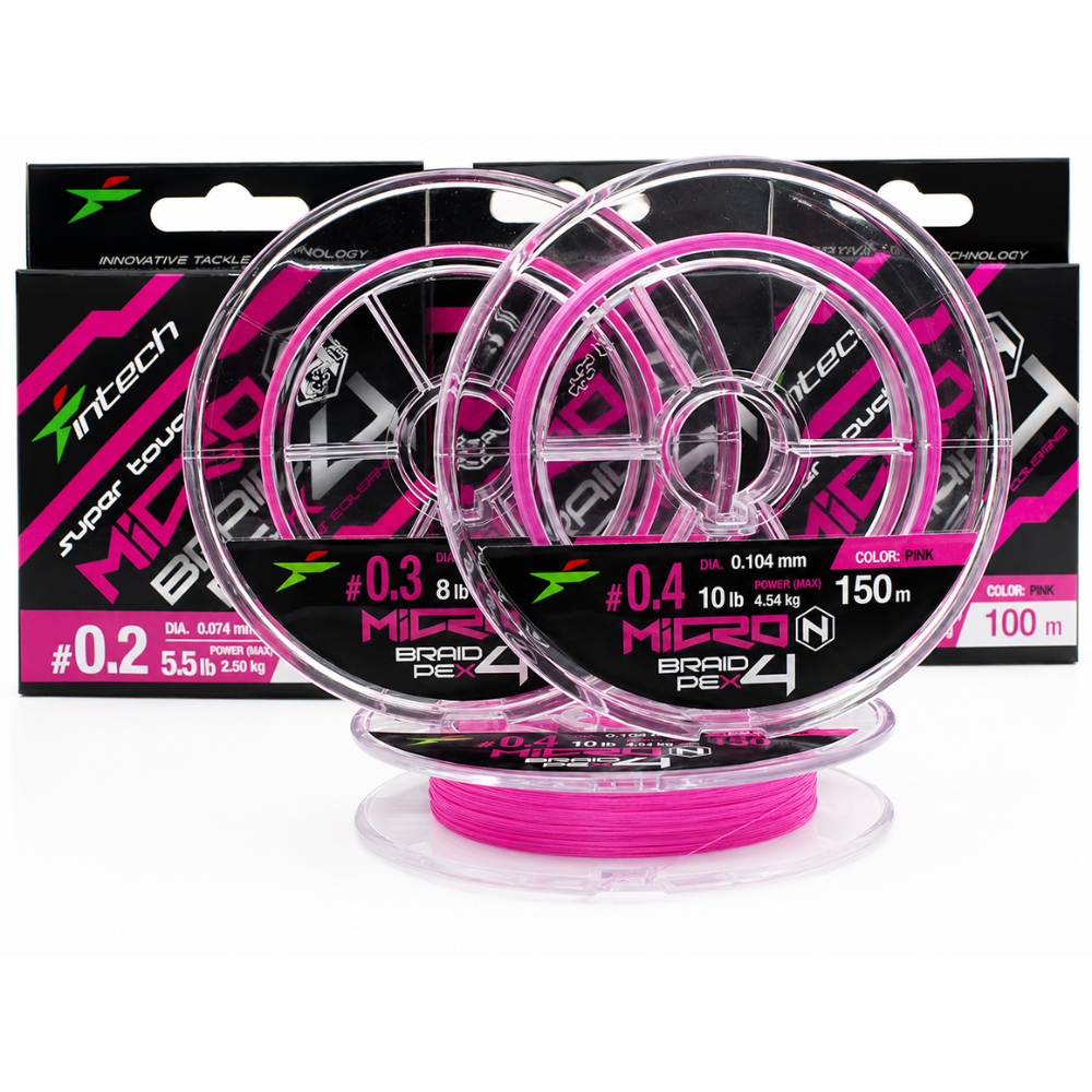 Multiple Intech MicroN PE X4 braided fishing line spools and packages displayed together