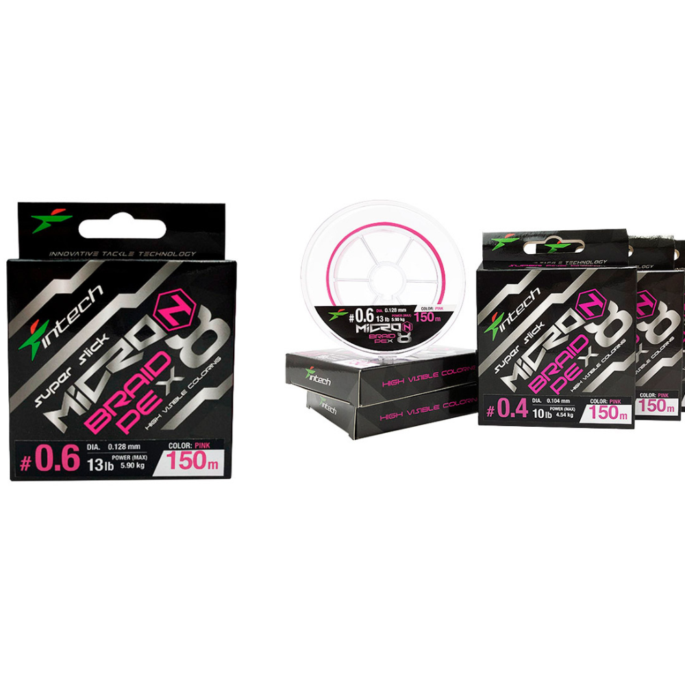 Several Intech MicroN PE X8 pink braided line packages and spools
