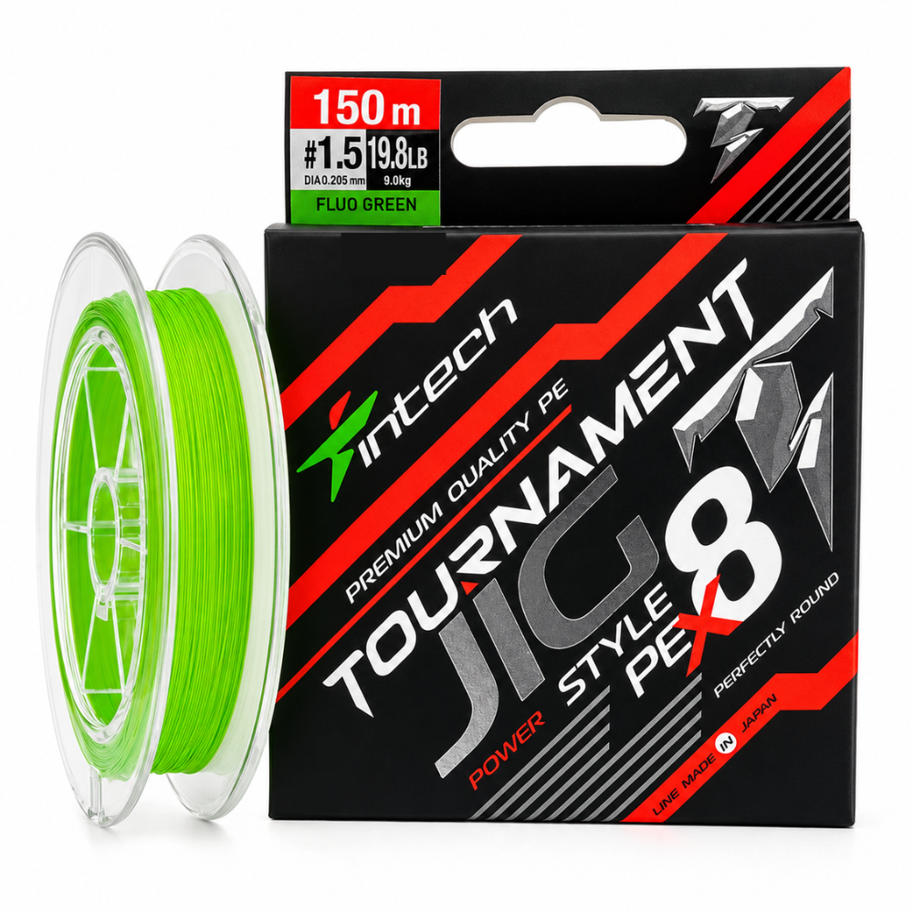 Intech Tournament Jig Style PE X8 Fluo Green package with spool beside it
