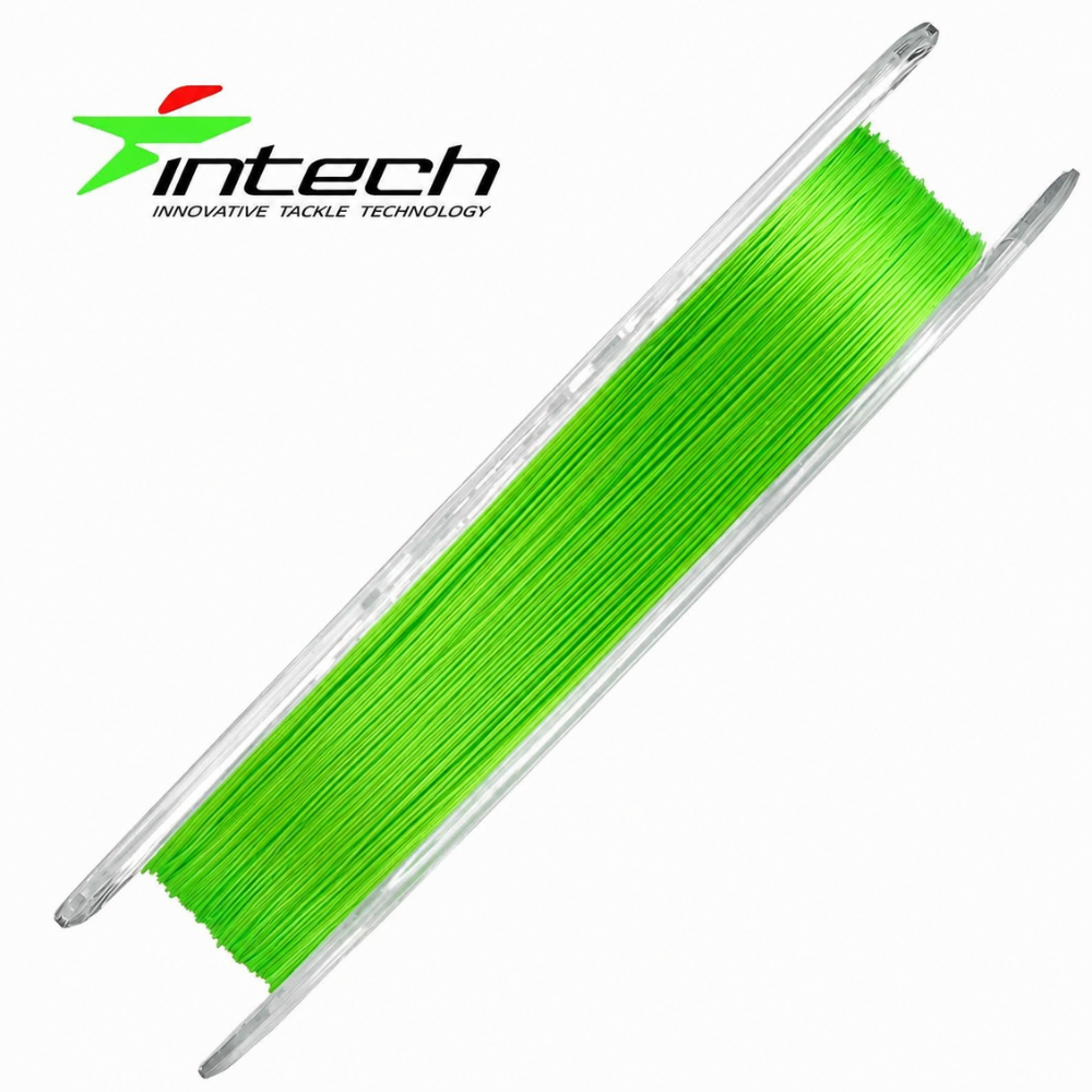 Intech Tournament Jig Style PE X8 Fluo Green braided line on spool, close-up view